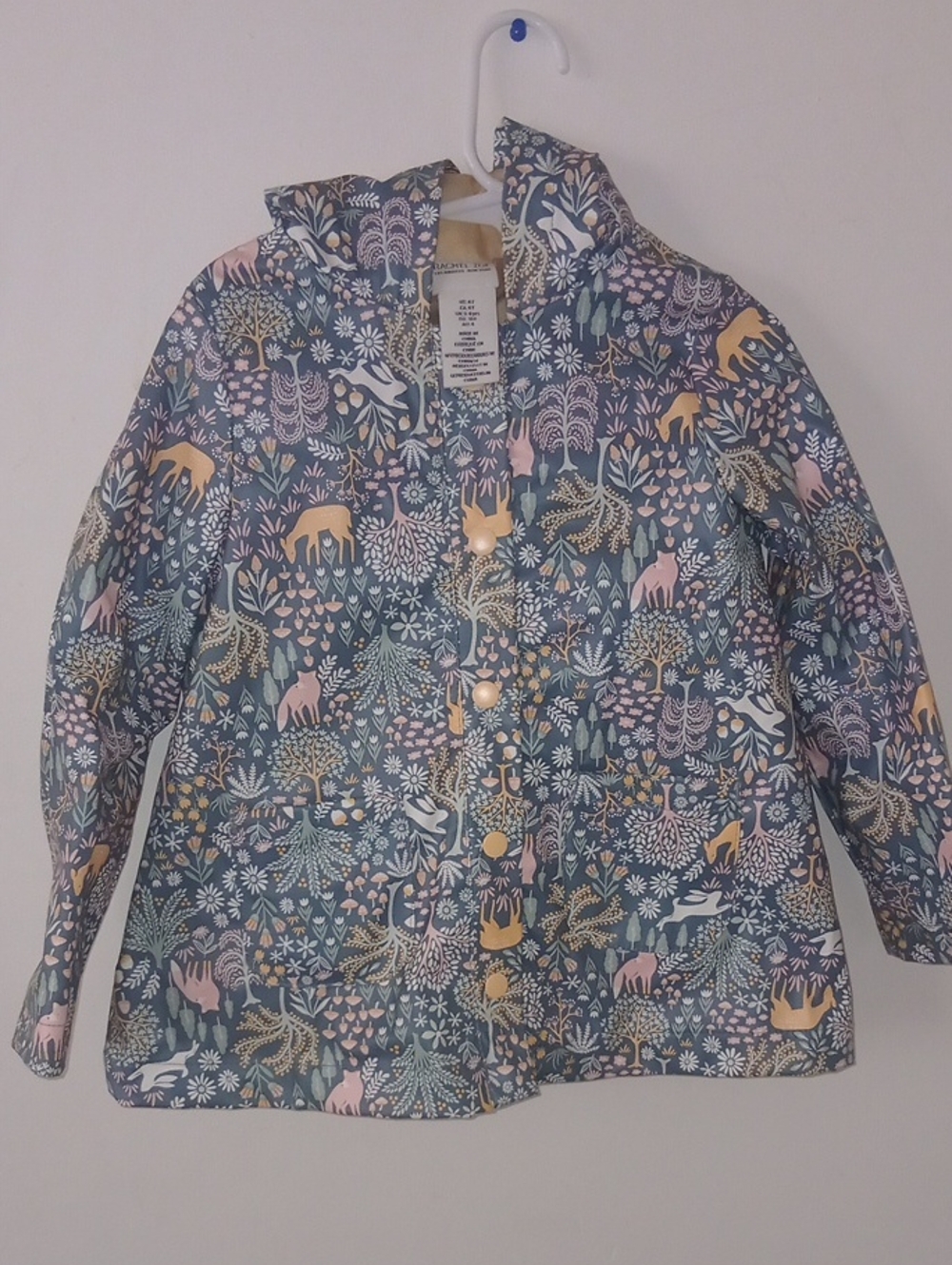 Rachel Zoe Girls' Hooded Raincoat in Navy with Pink & Yellow Woodland Print